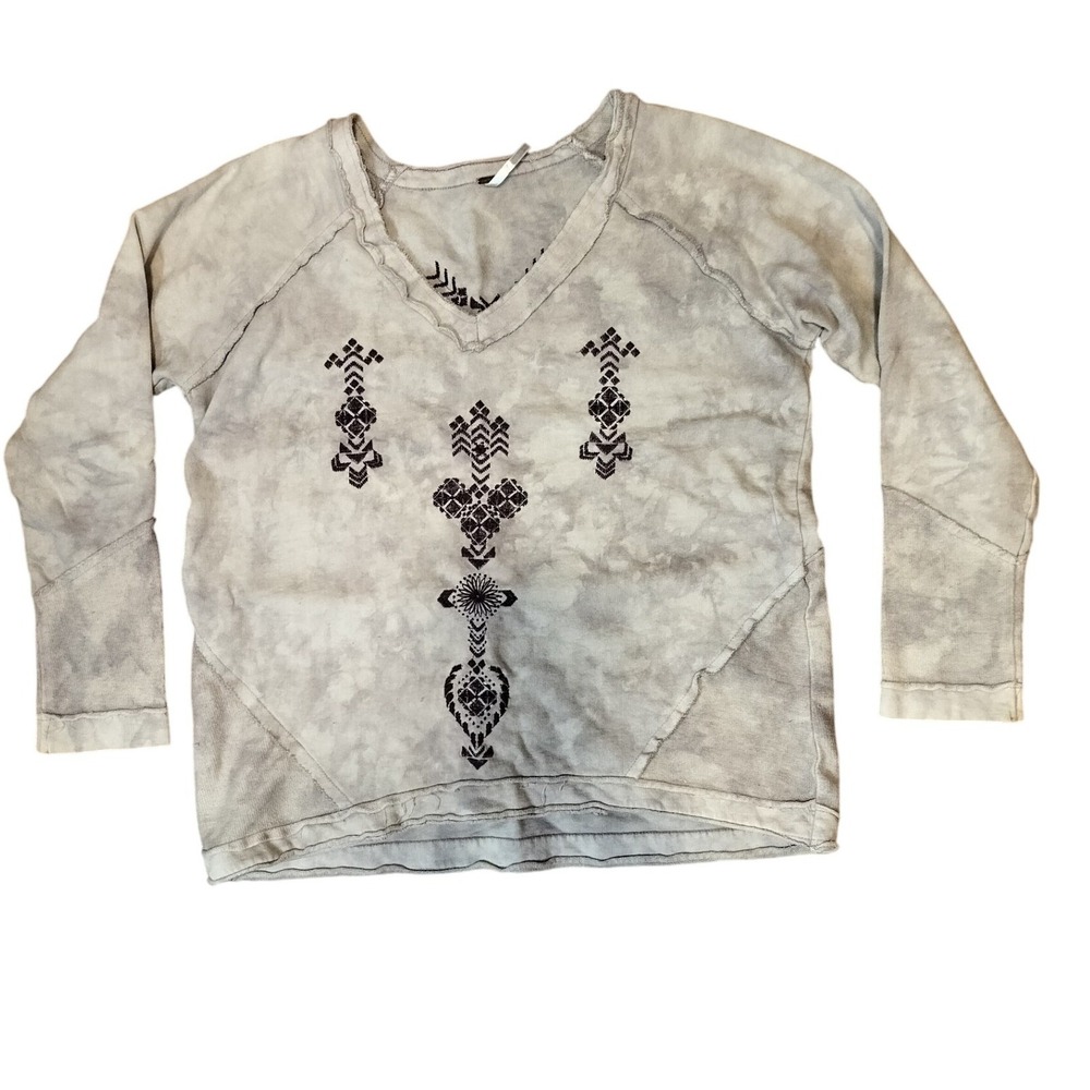 Free People Tie Dye Embroidered Raglan Seams V Neck‎ Long Sleeve Shirt Womens XS